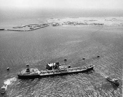 The tanker 'British Signal' moves away from Das Island after loading with crude oil on July 4, 1962. This was the first shipment of oil from Abu Dhabi. Photo: BP Archive