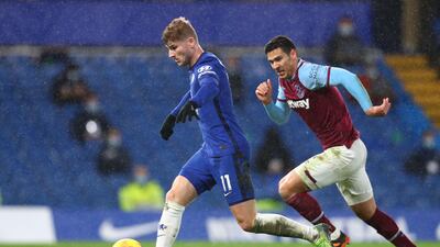 Timo Werner runs past West Ham defender Fabián Balbuena. AFP