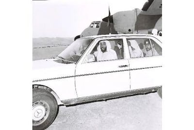 Sheikh Zayed in one of his many Mercedes, which had been fitted with bigger tyres for desert driving, pictured in 1979