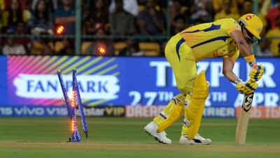 Chennai Super Kings batsman Suresh Raina is bowled out for a duck by Royal Challengers Bangalore paceman Dale Steyn on Sunday. AP