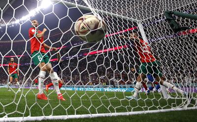 France score the opening goal during the FIFA World Cup 2022 semi final between France and Morocco. EPA