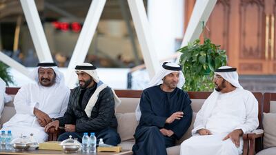 From left: Sheikh Saeed bin Mohamed; Sheikh Nahyan Bin Zayed, chairman of the board of trustees of Zayed bin Sultan Al Nahyan Charitable and Humanitarian Foundation; Sheikh Hazza bin Zayed, vice chairman of the Abu Dhabi Executive Council; and Sheikh Mohamed bin Butti Al Hamed, attend a Sea Palace barza.