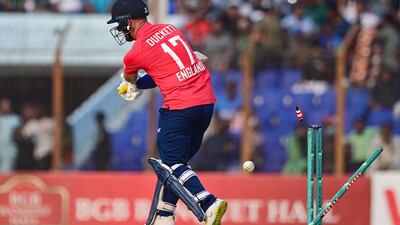 England batter Ben Duckett clean bowled by Bangladesh's Mustafizur Rahman for 20. AFP