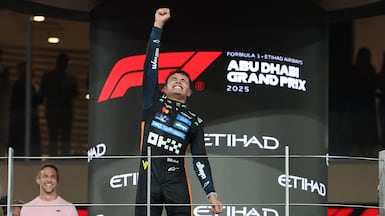 Mclaren driver Lando Norris celebrates becoming world champion. Abu Dhabi Grand Prix 2025. Yas Marina Circuit. Chris Whiteoak / The National