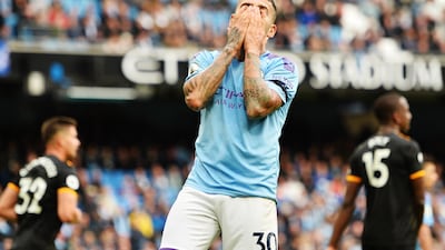 Manchester City defender Nicolas Otamendi reacts to a missed chance. EPA