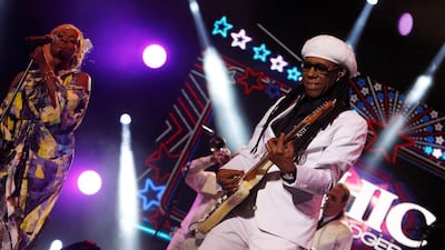 Singer/guitarist Nile Rodgers leads Chic through their hit-packed performance to 20,000 people at the Mawazine Festival in Rabat, Morocco, on Sunday. Youssef Boudlal / Reuters