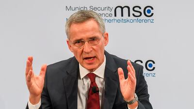 NATO Secretary General Jens Stoltenberg adresses the audience on the podium during the 56th Munich Security Conference (MSC) in Munich, southern Germany. AFP