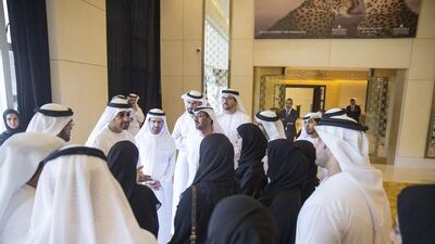 Sheikh Mohammed bin Zayed speaks to delegates who attended a moral education forum at the Eastern Mangroves Hotel and Spa. Mohammed Al Hammadi / Crown Prince Court – Abu Dhabi