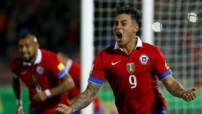 Eduardo Vargas of Chile celebrates his goal against Brazil on Thursday night in a 2-0 World Cup qualifying victory in Santiago. Ivan Alvarado / Reuters