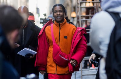 US rapper ASAP Rocky wears a more experimental version of the man bag by Balenciaga in New York in 2017. Getty Images