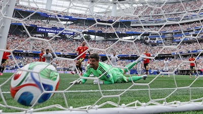 Thibaut Courtois of Belgium watches the ball get past for a goal that was eventually called back during the match between Belgium and Iran in Los Angeles. AFP