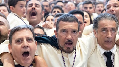 Antonio Banderas attends the Maria Santisima de Lagrimas y Favores procession at San Juan Bautista church during Holy Week celebrations in Malaga, Spain. Getty Images