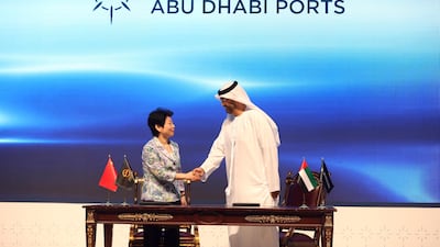 Sultan Ahmed Al Jaber, UAE Minister of State, shakes hands with Huang Lixin, executive cvice governor of Jiangsu provincial people’s government, at the signing ceremony for UAE-China industrial capacity cooperation in Abu Dhabi. Reuters