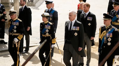 Andrew Mountbatten-Windsor, then Prince Andrew, in the funeral procession for Queen Elizabeth II, in 2022, alongside his siblings, from left, King Charles III, Anne, Princess Royal and Prince Edward, Earl of Wessex. GettyImages