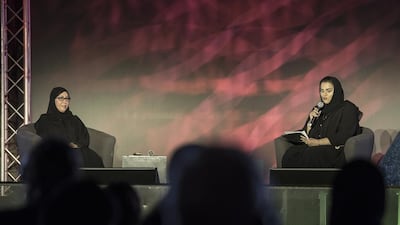 Maryam al Roumi (left) with moderator Salama Al Shamsi at the Multaqa talk about Sheikh Zayed’s mother, Sheikha Salama Bint Butti, and his wife, Sheikha Fatima bint Mubarak. Vidhyaa for The National