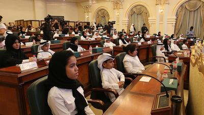 Students on September 1, 2016, from various schools participate in the Sharjah Children Council in Sharjah . Satish Kumar / The National