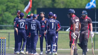 United States' players celebrate after Ali Khan dismissed Muhammad Waseem for a duck.