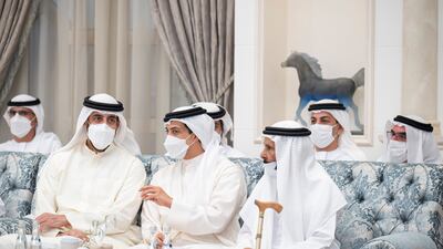 Sheikh Abdullah bin Rashid Al Mualla, Deputy Ruler of Umm Al Quwain, and Sheikh Mansour bin Zayed at Mushrif Palace.