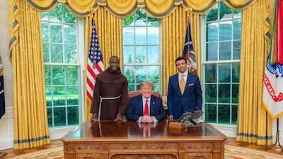 Global Teacher Prize recipient Peter Tabichi, with US President Donald Trump and Sunny Varkey, founder of the Varkey Foundation. Courtesy Varkey Foundation
