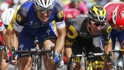 Etixx-Quickstep rider Marcel Kittel of Germany, left, wins on finish line ahead of Direct Energie rider Bryan Coquard of France in the fourth stage of the Tour de France on Tuesday. Jean-Paul Pelissier / Reuters