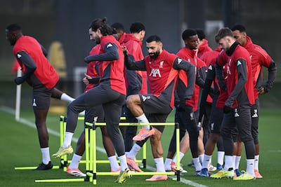 Salah training with his Liverpool team-mates on Tuesday. AFP