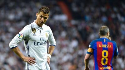 Real Madrid's Cristiano Ronaldo is shown during the clasico match against Barcelona at the Santiago Bernabeu stadium in Madrid on April 23, 2017. Gerard Julien / AFP