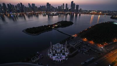 A general view of the Al Noor Mosque (Front) during the Sharjah Light Festival. EPA