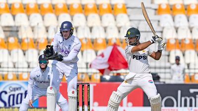 Abdullah Shafique hits a boundary at the Multan Cricket Stadium. AFP