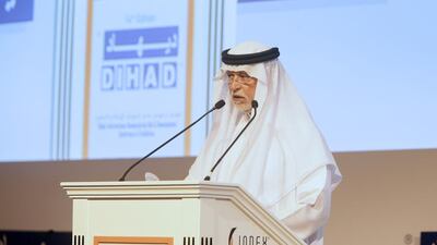 Ibrahim Bumelha, Sheikh Mohammed bin Rashid’s humanitarian adviser, addresses the Dubai International Humanitarian Aid and Development Conference (Dihad) on Tuesday. Jeffrey E Biteng / The National