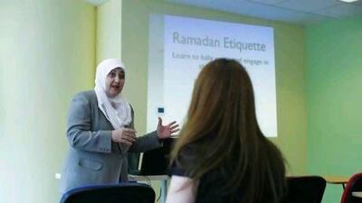 Language tutor Kariman Al Assil teaches non-Muslim expats everything they need to know about Ramadan at a special workshop in Abu Dhabi. Lee Hoagland / The National