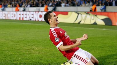 Ander Herrera of Manchester United celebrates scoring their fourth goal in a 4-0 play-off round second leg win over Club Brugge on Wednesday in the Champions League. Carl Recine / Action Images / Reuters