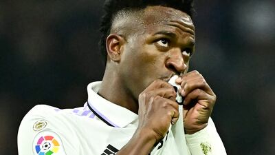 Real Madrid's Brazilian forward Vinicius Junior celebrates scoring his team's second goal. AFP