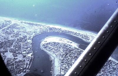 Dubai Creek in April 1968, taken from a British military plane en route to Sir Bani Yas Island. Deira can be seen below, where Murshid Market was. Photo: Nevile Ryton