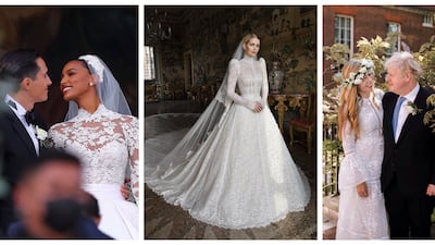 From left: supermodel Jasmine Tookes, Princess Diana's niece Lady Kitty Spencer, and the British Prime Minister's wife Carrie Symonds all got married this year, choosing a variety of wedding dress styles. EPA, Dolce & Gabbana, AP