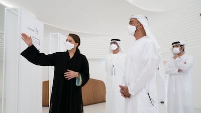 Sheikh Mohamed bin Zayed, Crown Prince of Abu Dhabi and Deputy Supreme Commander of the Armed Forces, at the launch of the UAE’s Net Zero 2050 Strategic Initiative in the UAE pavilion at Expo 2020 Dubai. With Sheikh Mohamed are Sheikh Maktoum bin Mohammed Al Maktoum, Deputy Prime Minister and Minister of Finance, right, Mariam Al Mheiri, Minister for Climate Change and Environment, left, and Dr Sultan Al Jaber, Minister of Industry and Advanced Technology, chairman of Masdar and chief executive of Adnoc, second left. All photos: Ministry of Presidential Affairs