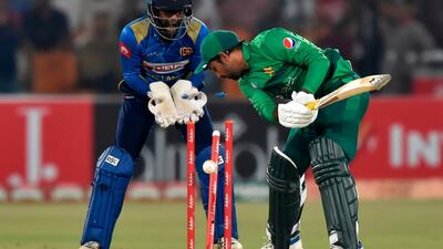 Pakistan captain Sarfraz Ahmed is bowled by Wanindu Hasaranga. AFP