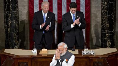 Narendra Modi, the Indian prime minister, centre, greets a joint meeting of the US congress on Wednesday. Andrew Harrer / Bloomberg