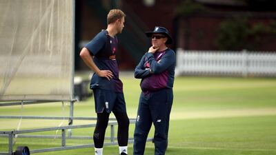 England coach Trevor Bayliss, right, and Stuart Broad during the nets session. Steven Paston / PA Wire