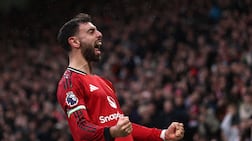 Manchester United's Bruno Fernandes after scoring against Tottenham. Getty Images