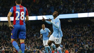 Manchester City's Nigerian striker Kelechi Iheanacho celebrates after a goal on Wednesday night in a League Cup win over Crystal Palace. Lindsey Parnaby / AFP / October 28, 2015