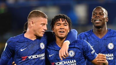 Reece James, 19, celebrates his goal with Chelsea teammates. AFP