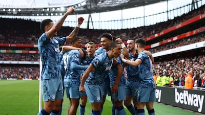 Aston Villa's Ollie Watkins celebrates scoring their second goal with teammates. Reuters