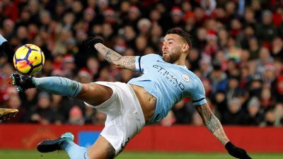 Nicolas Otamendi scores against Manchester United in Manchester City's 2-1 Premier League win at Old Trafford. Darren Staples / Reuters