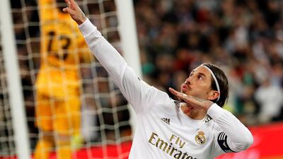 Real Madrid's defender Sergio Ramos celebrates after scoring the penalty spot to make it 2-1. EPA