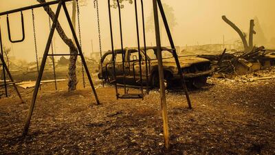 A charred swing set and car are seen after the passage of the Santiam Fire in Gates, Oregon. AFP