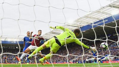 Islam Slimani of Leicester City scores his side’s second goal. Laurence Griffiths / Getty Images
