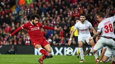 5) Salah scores Liverpool's seventh goal in the 7-0 win against Spartak Moscow in December, 2017. Getty