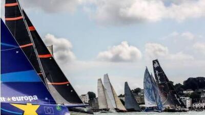 Abu Dhabi Ocean Racing’s Azzam, right, get an early edge during the start of the Rolex Fastnet Race 2013 on Wednesday. Photo courtesy of Daniel Forster / Rolex