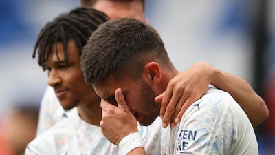 Manchester City's Ferran Torres celebrates after scoring his team's second goal at Selhurst Park. AP
