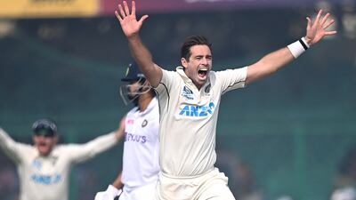 New Zealand bowler Tim Southee celebrates after the dismissal of India's Ravindra Jadeja for a duck at the Green Park Stadium in Kanpur. AFP